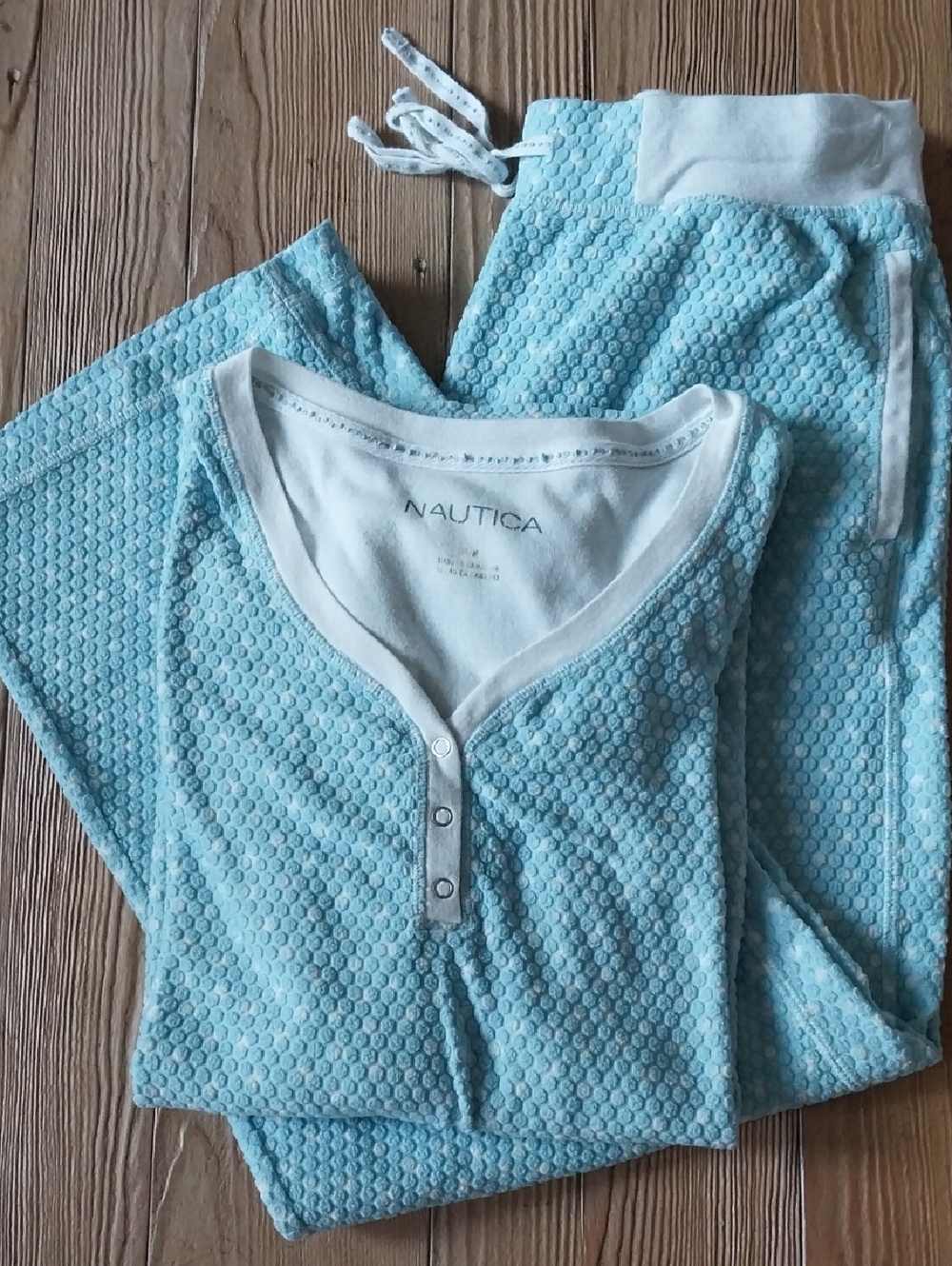 Nautica Light Blue Textured Henley Pajama Set with White Trim